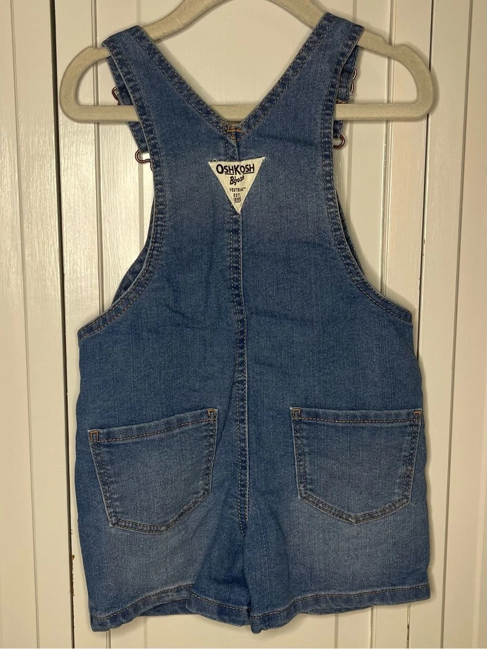 OshKosh B'gosh Blue Denim Floral Embroidered Kids Short Overalls - Picture 2 of 4